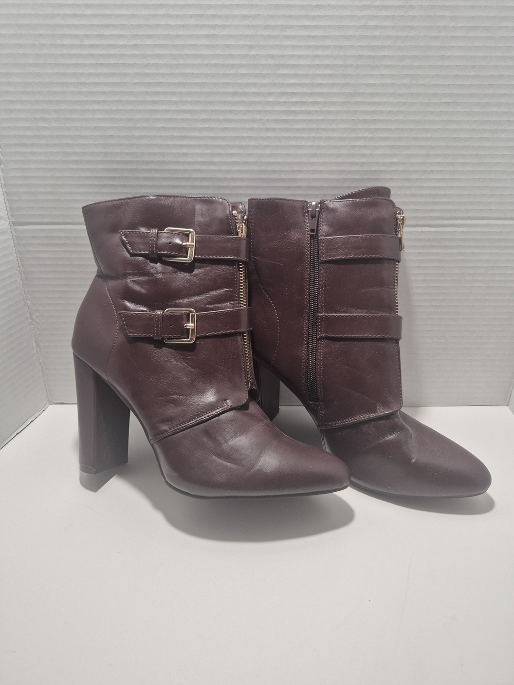 JustFab Wine Burgundy Pointed-Toe High Heel Ankle Boots with Buckle Straps